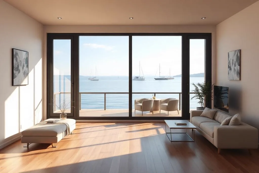 Blick aus einem bodentiefen Fenster der Nordwiek Terrassen auf die Nordwieker Bucht